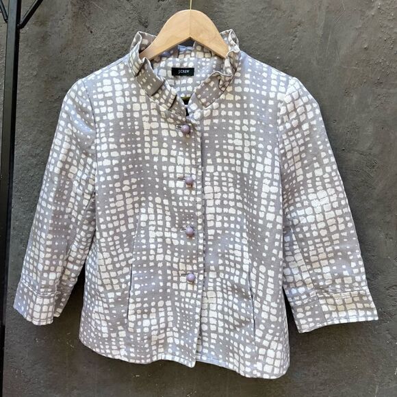 J. CREW GEO PRINT CROPPED COCKTAIL JACKET GRAY IVORY RUFFLED COLLAR BLAZER XS-S* - Picture 10 of 16